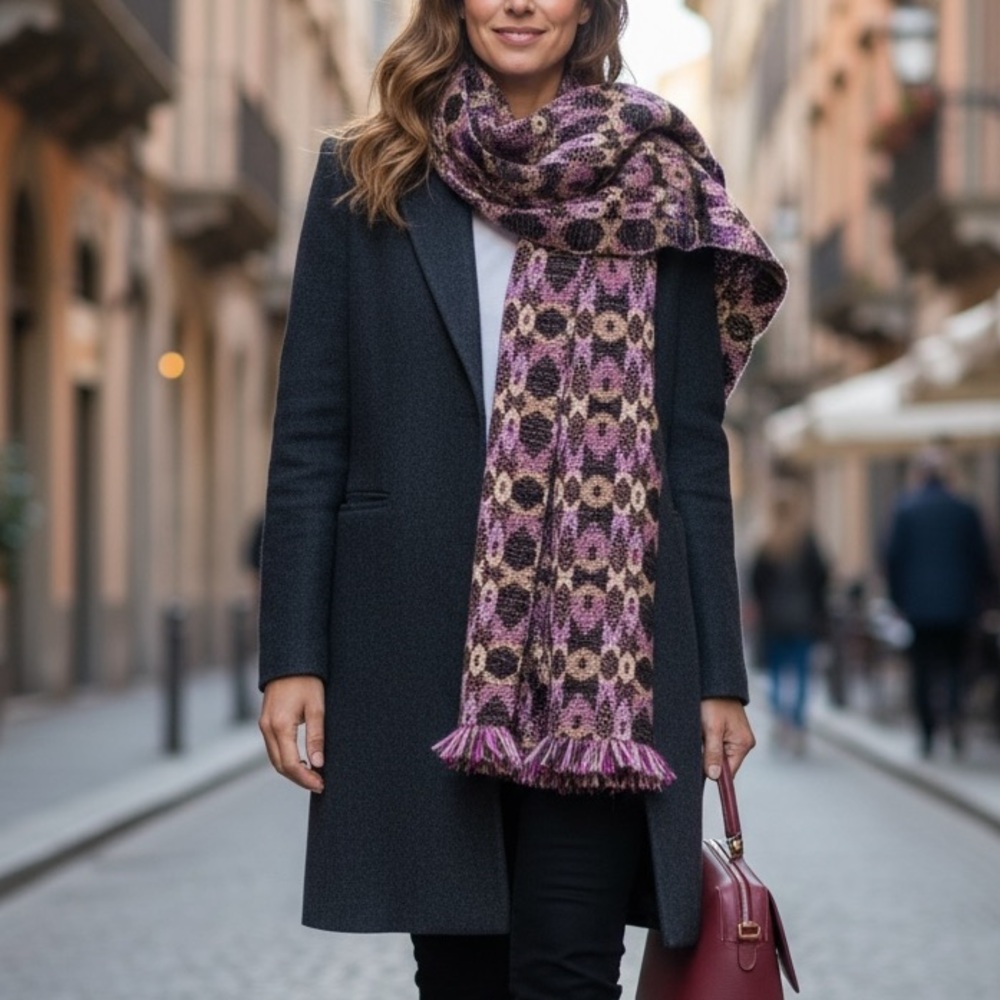 Pink & Brown Patterned Wool Blend Oversized Fringe Scarf Shawl Wrap OS